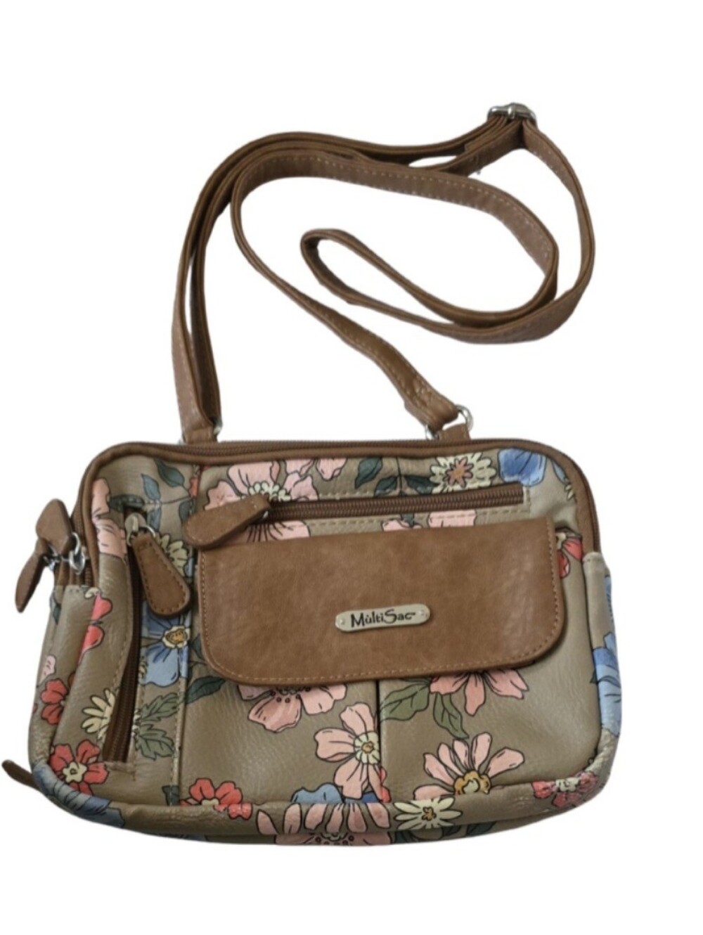 MultiSac Zippy Triple Compartment Crossbody Bag Floral Boho Faux Leather  Purse